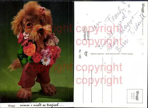 Puppe Plüschhund vermenschlicht Anzug Blumenkranz Waggi
