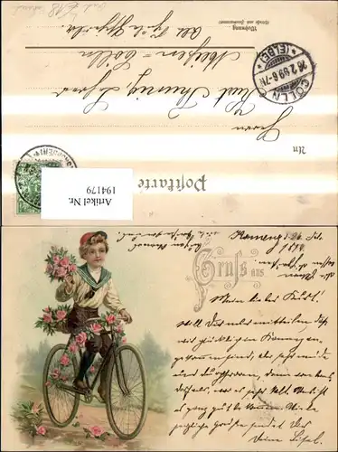 Litho Fahrrad Rad m. Bub Junge Matrosenanzug Blumen Rosen Strauß