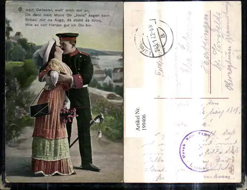 WW1 Soldat Uniform Kuss Frau Handtasche Hut Mode Degen Spruch Liebe