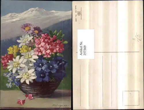 Künstler AK A. Wagner Korb Blumen Edelweiß Enzian pub Photochromie Nenke