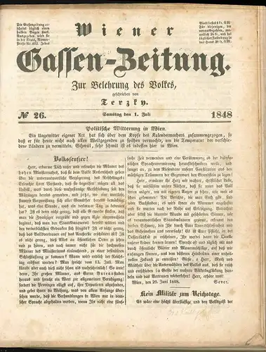 Wiener Gassen-Zeitung. Zur Belehrung des Volkes, geschrieben von Terzky. TERSTJA