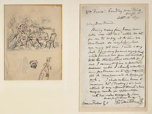 Orig.-drawing (sketch in pencil and ink) and autograph letter. CRUIKSHANK, Georg