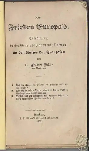 RICHTER, Zum Frieden Europa's. Erledigung... 1860