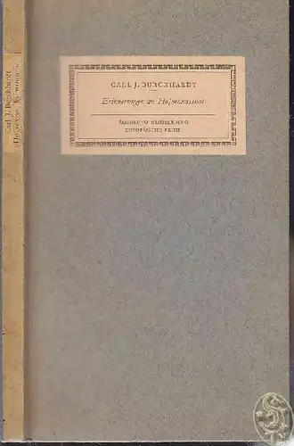 BURCKHARDT, Erinnerung an Hofmannsthal und...