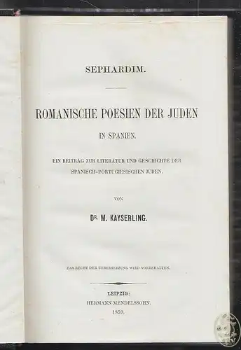 KAYSERLING. Meir., Sephardim. Romanische... 1859