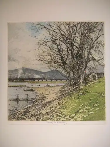 [Anlegestelle mit Eisenbahnbrücke in Krems]. KASIMIR, Luigi. Graphiker (1881-196