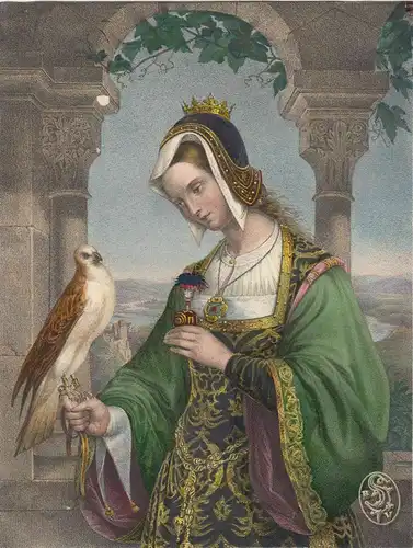 Gekröntes Mädchen in feinsten Gewand, mit einem Falken in der Hand vor Flußlands