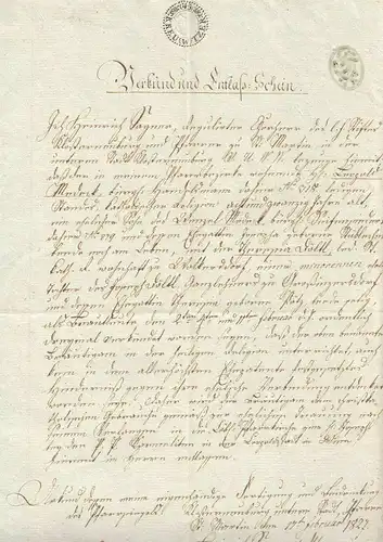 Verkünd und Entlaß Schein. Ich Heinrich Sagner, regulirter Chorherr  des Stiftes