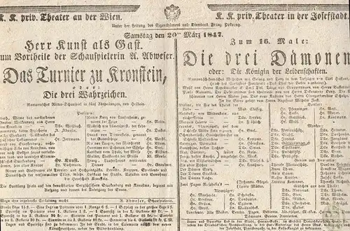 Samstag den 20ten März 1847. Herr Kunst als Gast. Zum Vortheile der Schauspieler