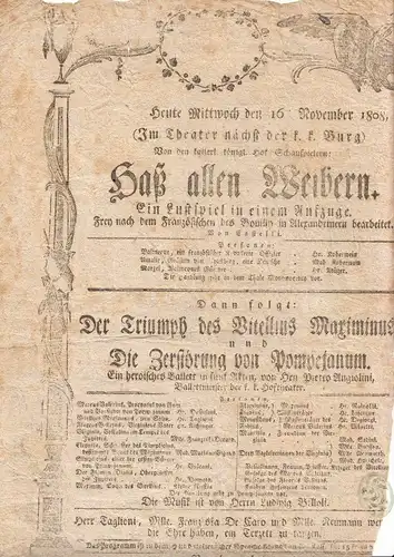 Heute Mittwoch den 16. November 1808 (Im Theater nächst der k. k. Burg) Von den 