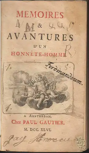 Mémoires & avantures d`un honnête-homme. [PRÉVOST d`Exiles, Antoine-François].