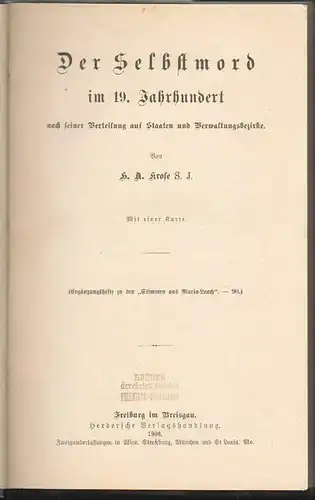 Der Selbstmord im 19. Jahrhundert nach seiner Verteilung auf Staaten und Verwalt