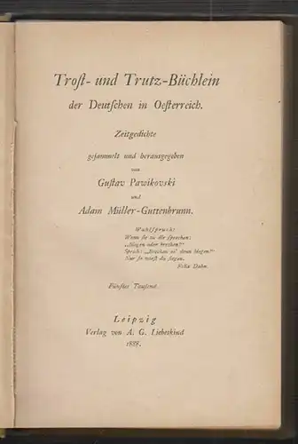 Trost- und Trutz-Büchlein der Deutschen in Oesterreich. Zeitgedichte, gesammelt