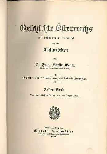 Geschichte Österreichs mit besonderer Rücksicht auf das Culturleben. MAYER, Fran