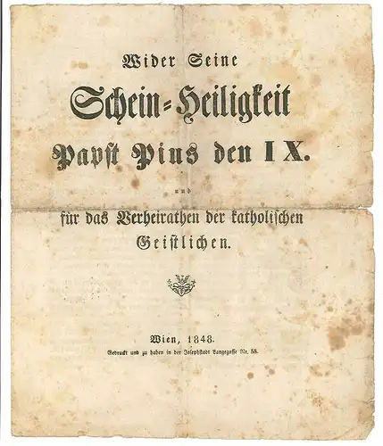 Wider Seine Schein-Heiligkeit Papst Pius den IX. und für das Verheirathen der ka