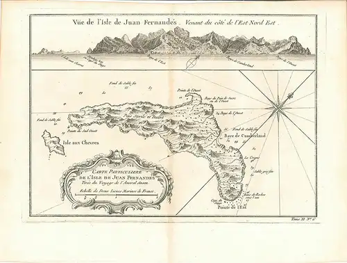 Vue de l`Isle de Juan Fernandés. Venant du coté de l`est Nord Est. Carte particu