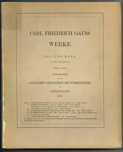 Werke. Herausgegeben von der königlichen Gesellschaft der Wissenschaften. GAUSS,