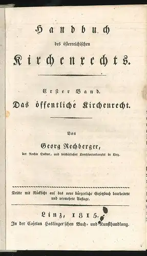 Handbuch des österreichischen Kirchenrechts. RECHBERGER, Georg.