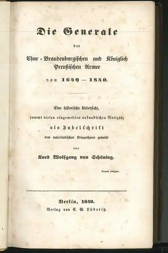 Die Generale der Chur-Brandenburgischen und Königlich Preußischen Armee von 1640