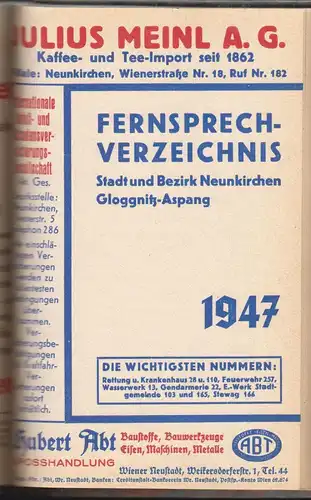 Adressen- und Fernsprech-Verzeichnis für die Bezirke Neunkirchen Aspang Gloggnit