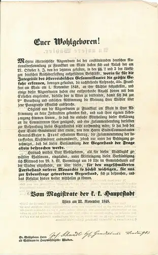 Euer Wohlgeboren! (...) Vom Magistate der k. k. Hauptstadt. Wien am 22. November