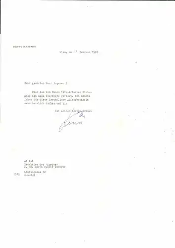 Ms. Brief m. Unterschrift des Bundeskanzlers Bruno Kreisky an den Karikaturisten