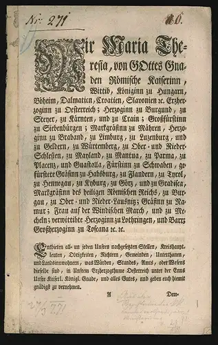 Wir Maria Theresia, von Gottes Gnaden Römische Kaiserinn [] allgemeine Conscrip