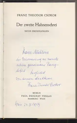 Der zweite Hahnenschrei. Sechs Erzählungen. CSOKOR, Franz Theodor.