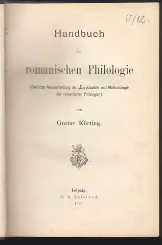 Handbuch der romanischen Philologie (Gekürzte Neubearbeitung der `Encyklopädie u