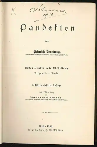 Pandekten. Unter Mitwirkung von Johannes Biermann. DERNBURG, Heinrich.