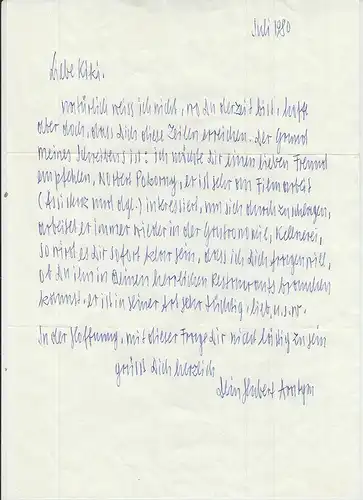 Eigenhändiger Brief (adressiert an Kiki Kogelnik, österr. Künstlerin 1935-1997).