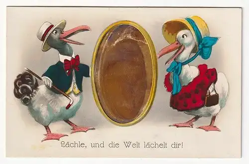 Neujahrs-Scherzkarte (2 Enten mit Spiegel. "Lächle, und die Welt lächelt dir!")