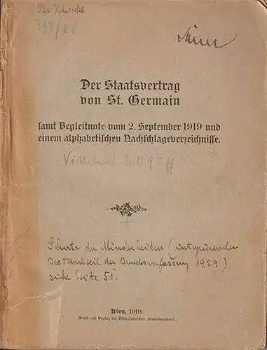 Der Staatsvertrag von St. Germain samt Begleitnote vom 2. September 1919 und ein