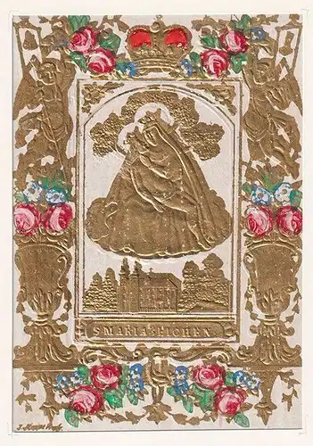 Mit Goldfarbe (pochoirkoloriert) und Gouache altkoloriertes reliefgeprägtes Papi