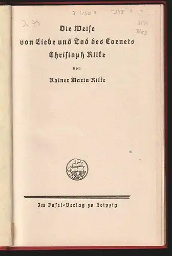 Die Weise von Liebe und Tod des Cornets Christoph Rilke. RILKE, Rainer M 1850-21