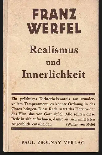 Realismus und Innerlichkeit. WERFEL, Franz.