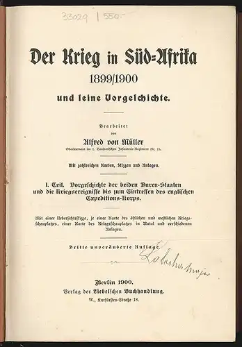 Der Krieg in Süd-Afrika 1899/1900 und seine Vorgeschichte. MÜLLER, Alfred v.