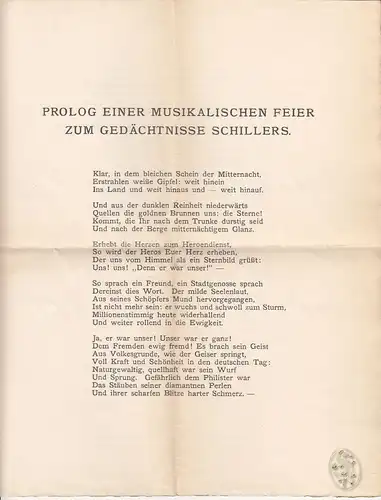 Prolog einer musikalischen Feier zum Gedächtnisse Schillers. HAUPTMANN, Gerhart.