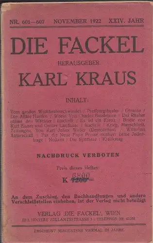 DIE FACKEL. Hrsg. Karl Kraus. 1922