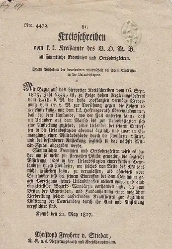 81. Kreisschreiben vom k. k. Kreisamte des B. D. M. B. an sämmtliche Dominien un