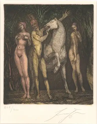 [3 stehende Figuren und Pferd]. FUCHS, Ernst (1930-2015).