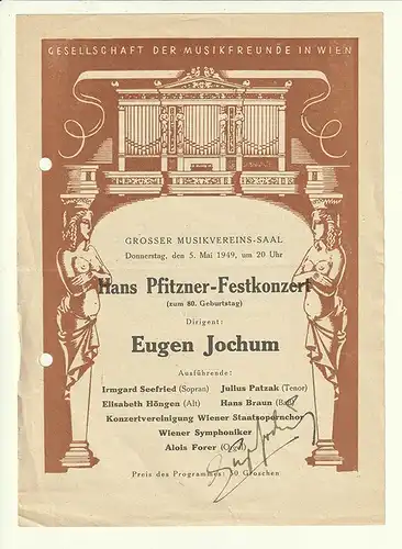 Eigenhänd. Signatut auf einem Programmzettel der Gesellschaft der Musikfreunde W