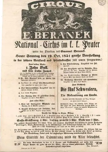 Cirque E. Beranek. National-Cirkus im k. k. Prater (...) Heute Sonntag den 19. O