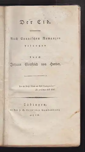 Der Cid. Nach Spanischen Romanzen besungen durch  HERDER, Johann Gottfried.