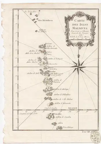 Carte de Isles Maldives. Pour Servir a l`Histoire Generale des Voyages 1750. Ech