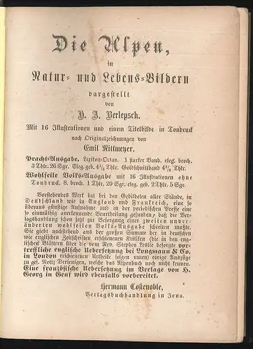 Die Alpen in Natur- und Lebensbildern. BERLEPSCH, H. A.