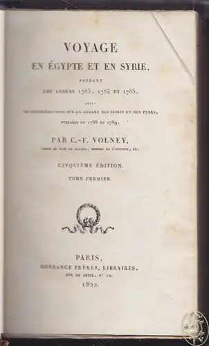 Voyage en Egypte et en Syrie. VOLNEY, [Constantine Francois de Chasseboeuf, Comt