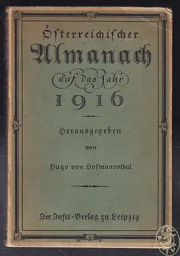 Österreichischer Almanach auf das Jahr 1916. HOFMANNSTHAL, Hugo v. (Hrsg.).