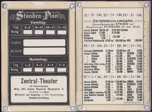 Stunden-Plan vom Zentral-Theater für Kinematographie. Wien, XVI, Johann Nepomuk