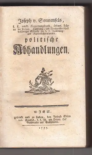 Politische Abhandlungen. SONNENFELS, Joseph v.